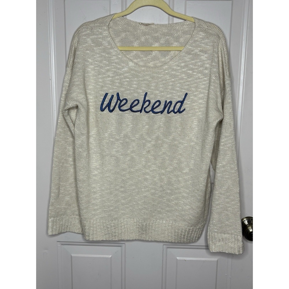Hem & Thread Womens Sweater Size Large Weekend Cream Blue Embroidery Pullover